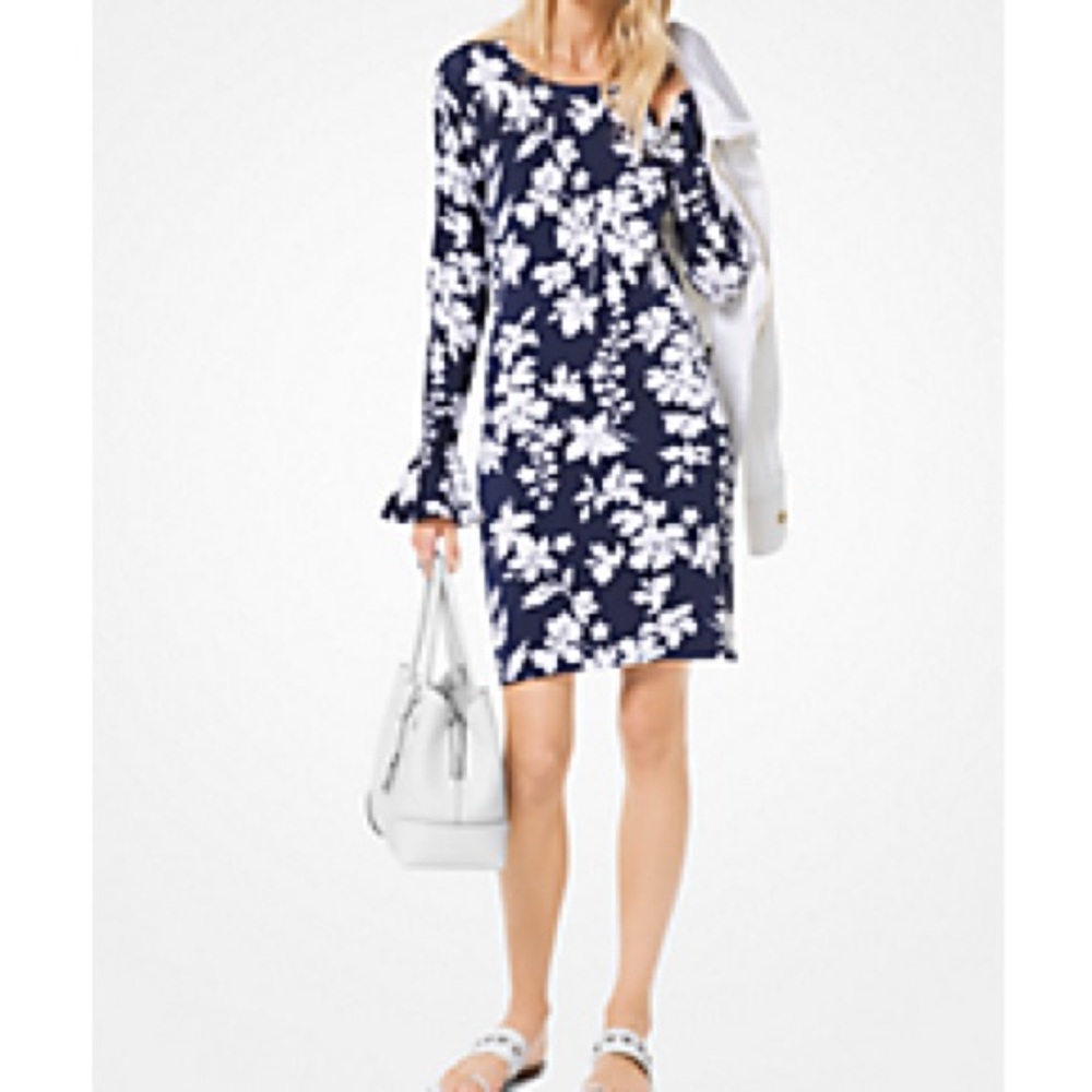 Michael Khors Floral Stretch-Viscose Bell-Cuff Dress Size Small
